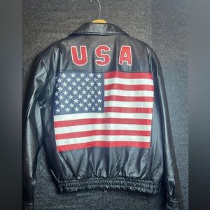 USA American Flag Men's Leather Bomber Jacket Size Large